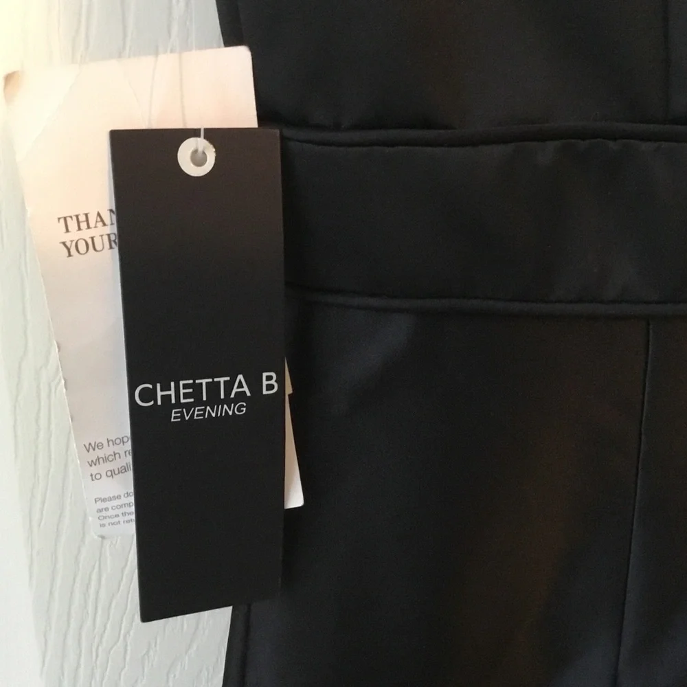 Chetta B NWT Black Satin Sleeveless Dress Floral Appliqués - 2